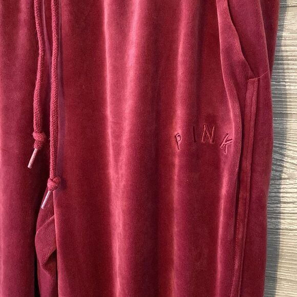 PINK Victoria's Secret Velour Track Pants Zippered Ankle Burgundy Joggers - Picture 2 of 6